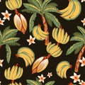 Summer vector tropical seamless pattern. Exotic flowers, palm trees, banana, monstera green leaves texture Royalty Free Stock Photo